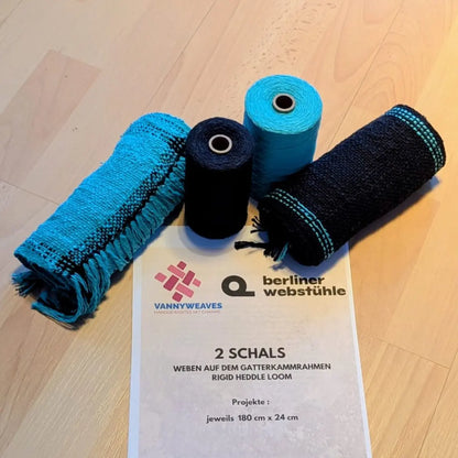 2 Schals weben auf dem Gatterkammrahmen – Webprojekt mit Cotton Slub Garn von Maurice Brassard in Türkis und Schwarz